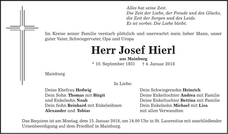 Traueranzeige Josef Hierl