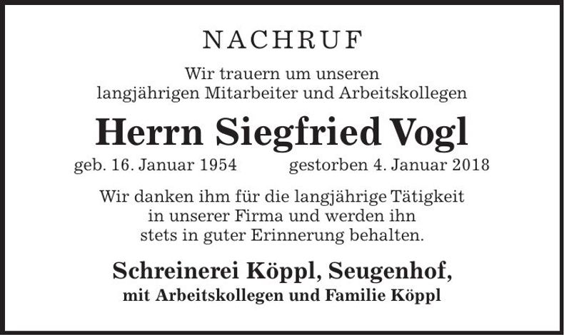 Traueranzeige Siegfried Vogl