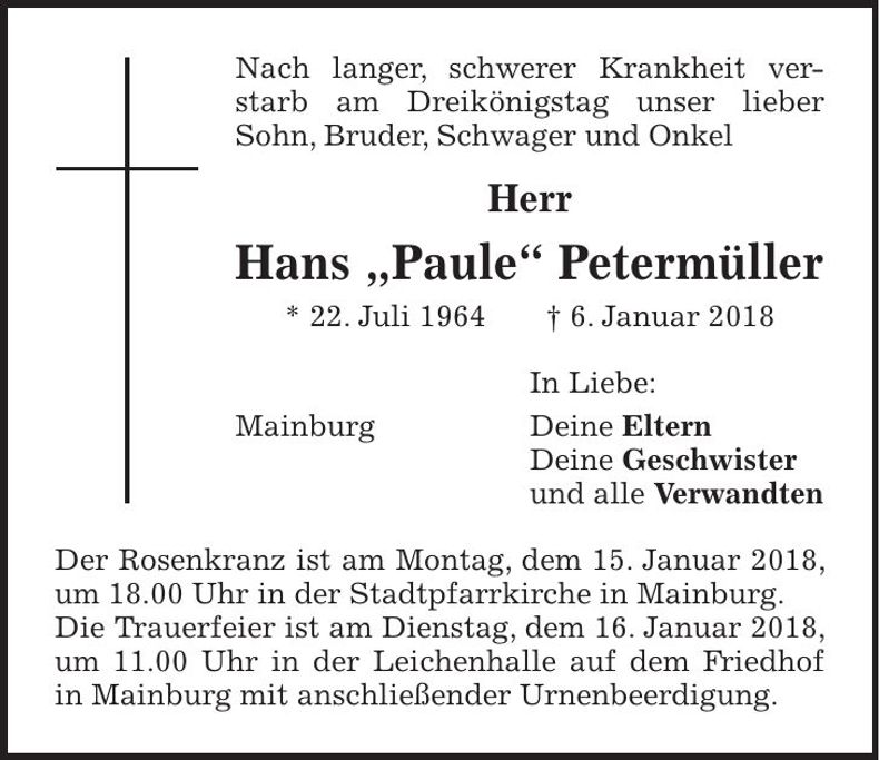 Traueranzeige Hans Petermüller