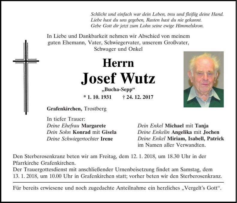 Traueranzeige Josef Wutz