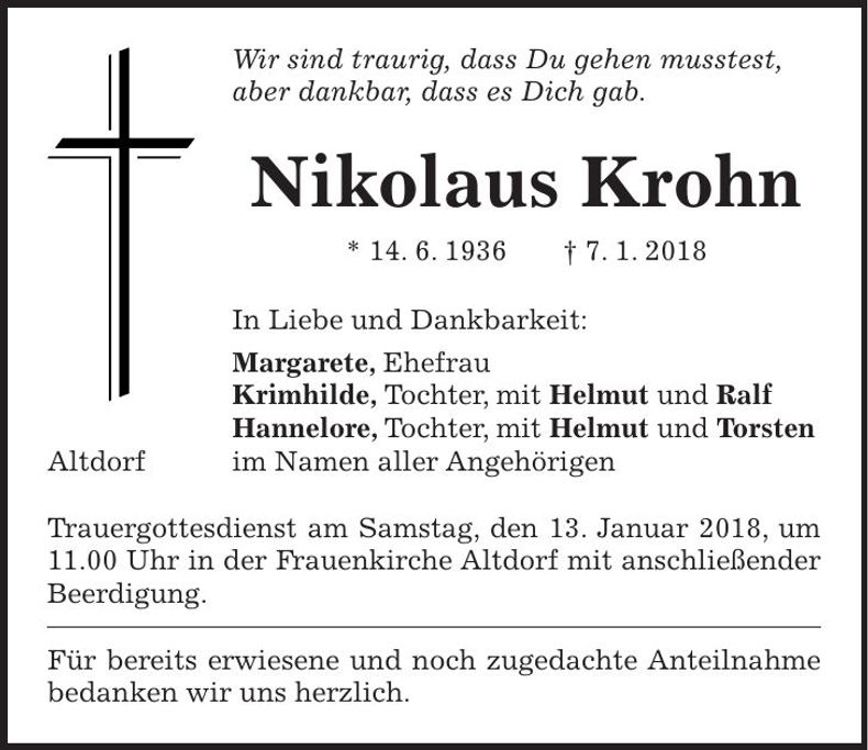 Traueranzeige Nikolaus Krohn
