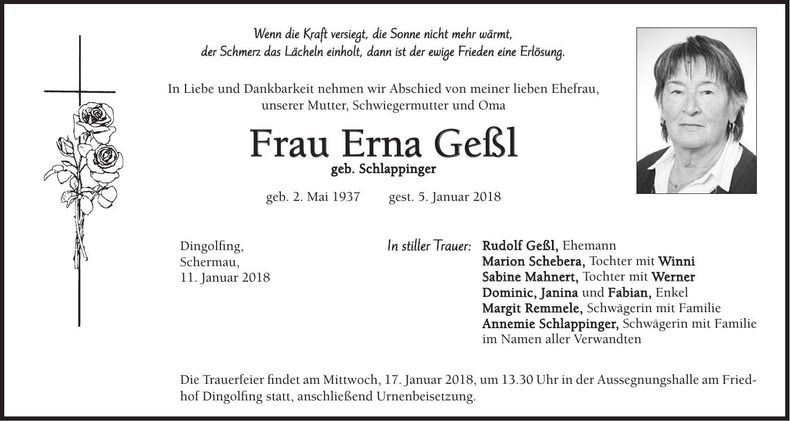 Traueranzeige Erna Geßl