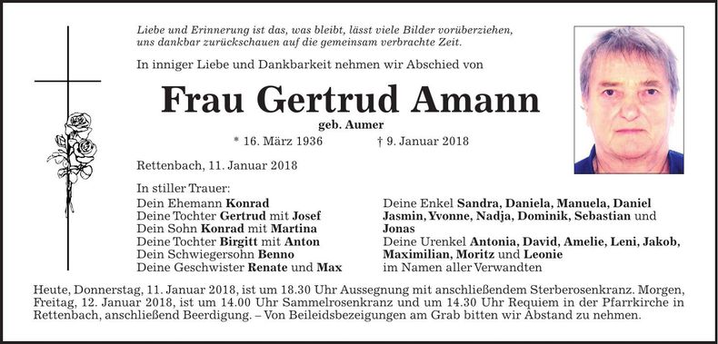 Traueranzeige Gertrud Amann