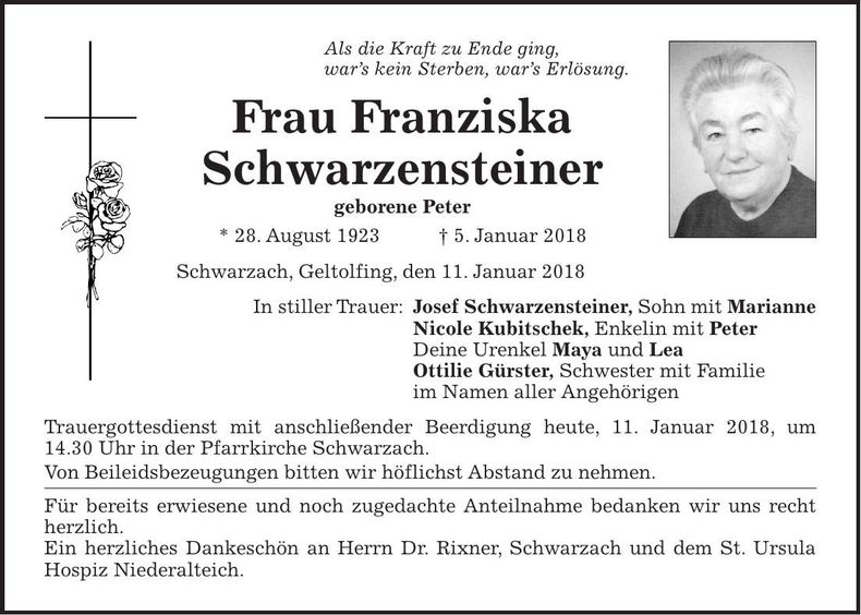 Traueranzeige Franziska Schwarzensteiner