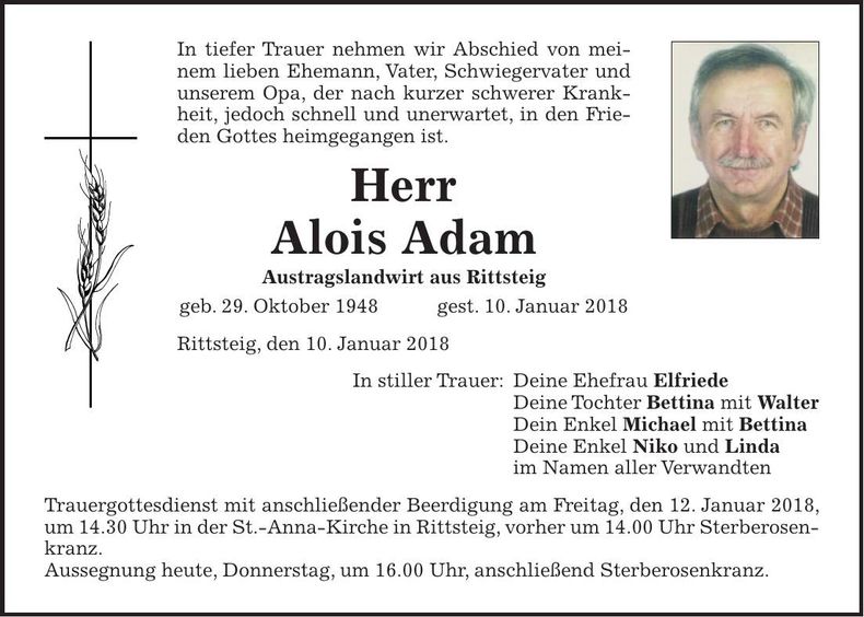 Traueranzeige Alois Adam