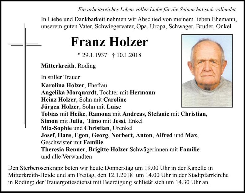 Traueranzeige Franz Holzer