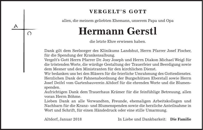 Traueranzeige Hermann Gerstl