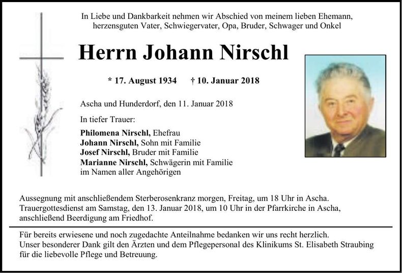Traueranzeige Johann Nirschl