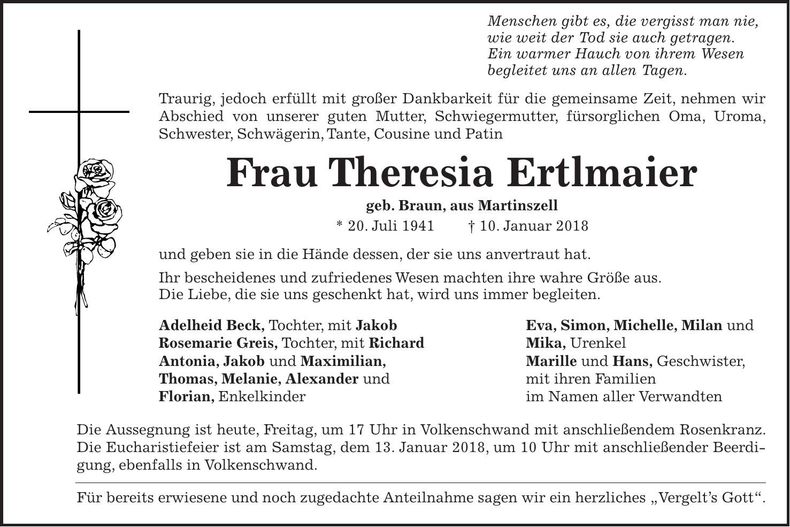 Traueranzeige Theresia Ertlmaier
