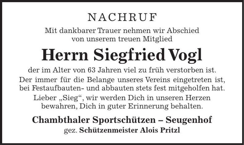 Traueranzeige Siegfried Vogl