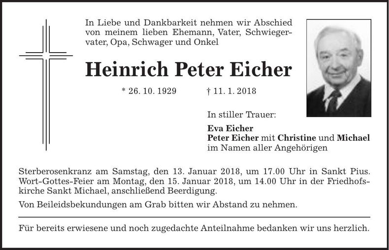 Traueranzeige Heinrich Peter Eicher