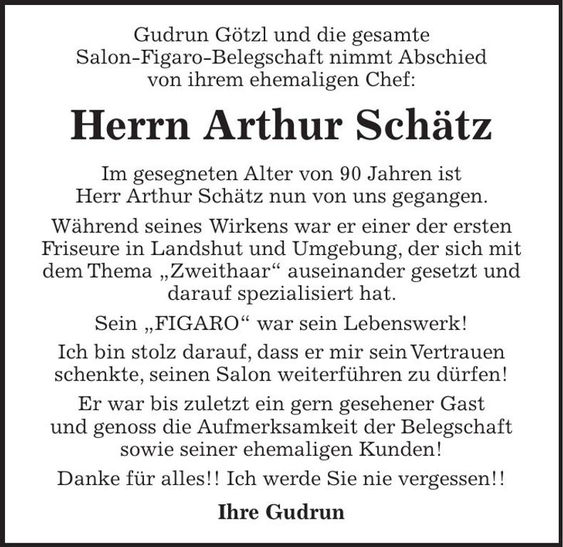 Traueranzeige Arthur Schätz