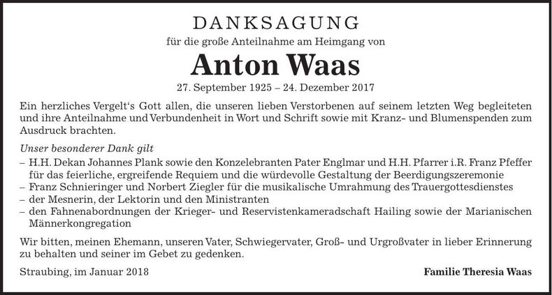 Traueranzeige Anton Waas
