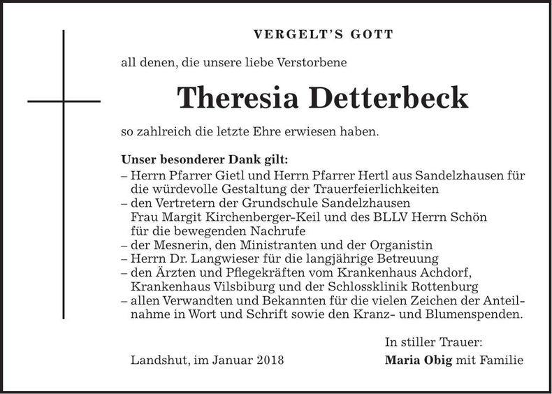 Traueranzeige Theresia Detterbeck