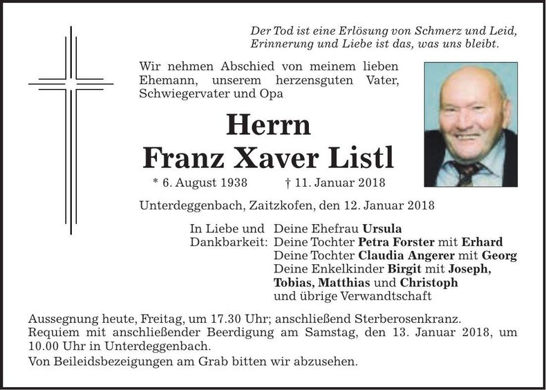 Traueranzeige Franz Xaver Listl