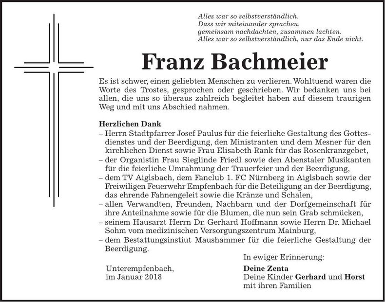 Traueranzeige Franz Bachmeier