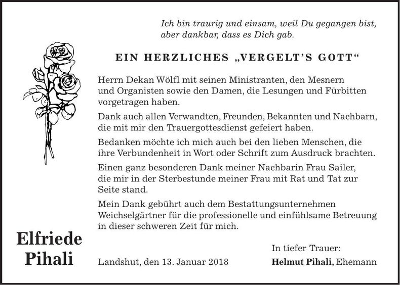 Traueranzeige Elfriede Pihali