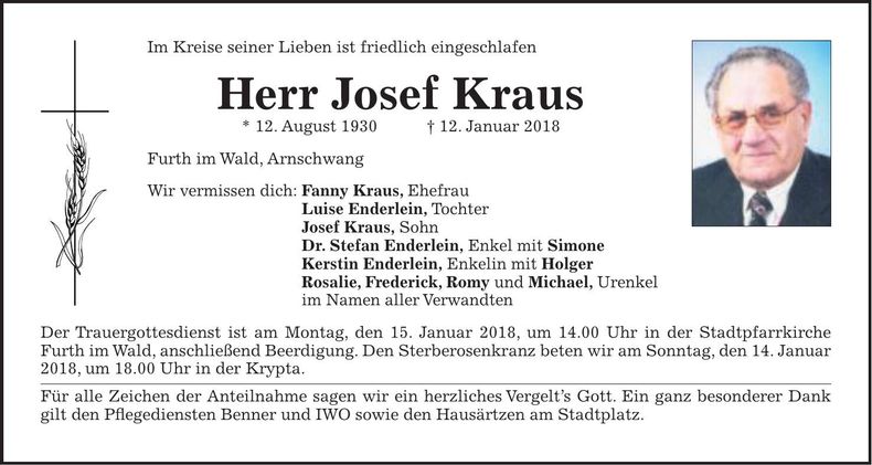 Traueranzeige Josef Kraus