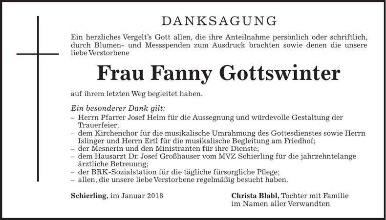 Traueranzeige Fanny Gottswinter