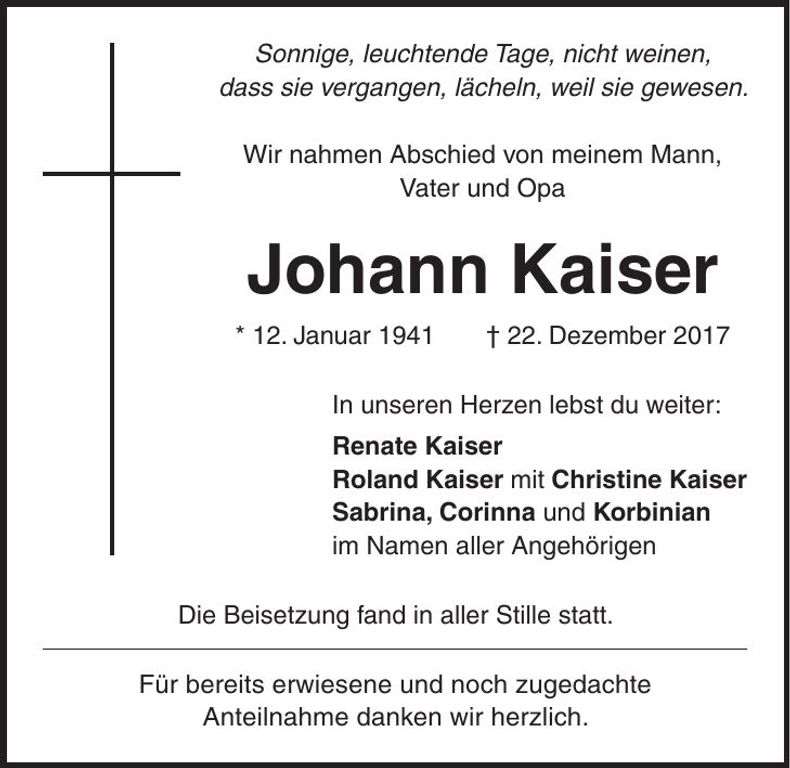 Traueranzeige Johann Kaiser