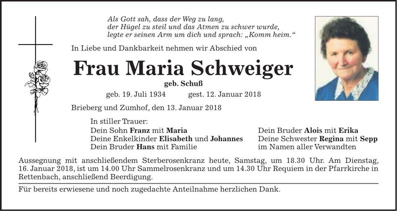 Traueranzeige Maria Schweiger