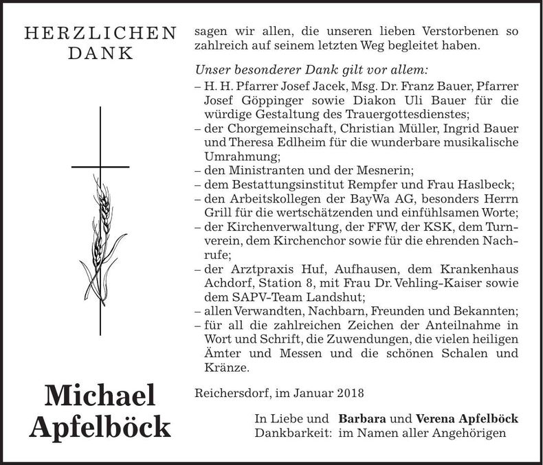 Traueranzeige Michael Apfelböck