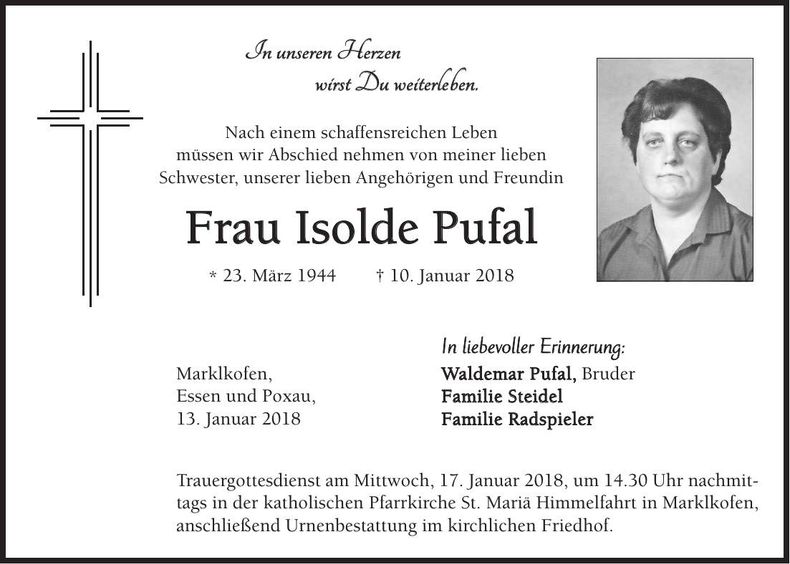 Traueranzeige Isolde Pufal