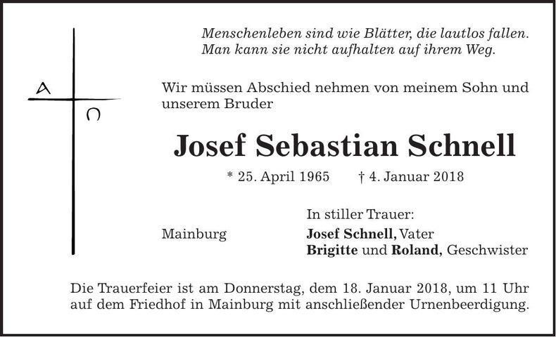 Traueranzeige Josef Sebastian Schnell