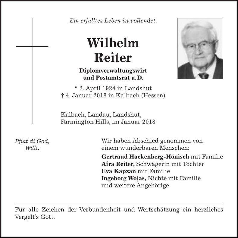 Traueranzeige Wilhelm Reiter