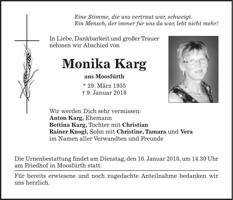 Traueranzeige Monika Karg
