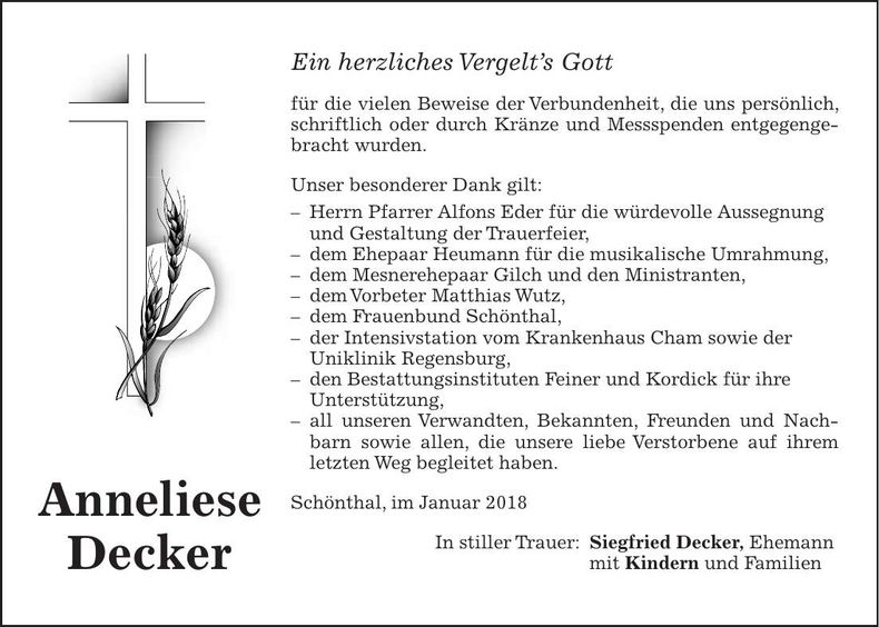 Traueranzeige Anneliese Decker
