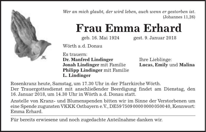 Traueranzeige Emma Erhard