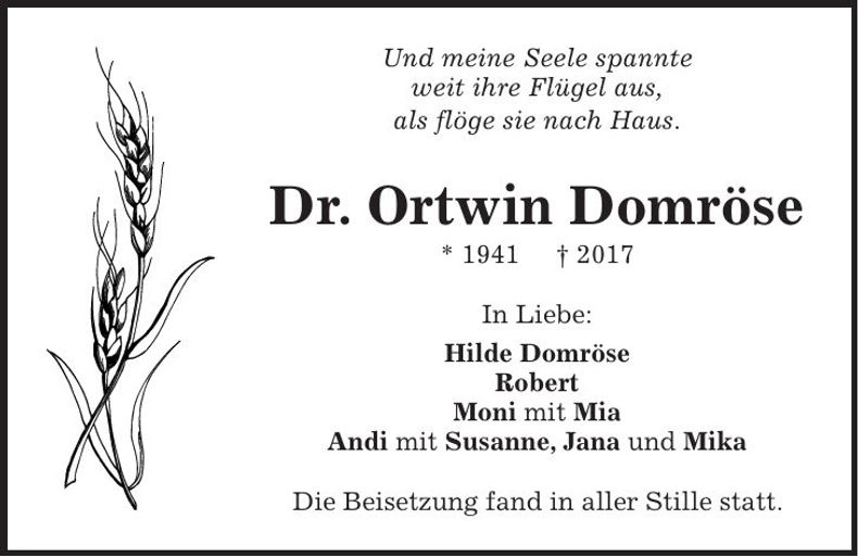 Traueranzeige Ortwin Domröse