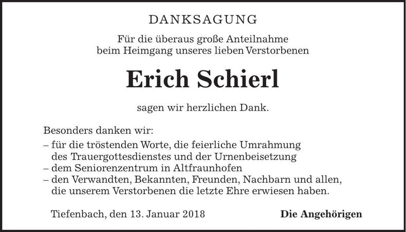 Traueranzeige Erich Schierl