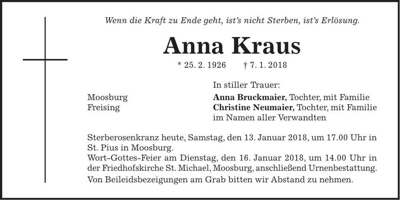 Traueranzeige Anna Kraus