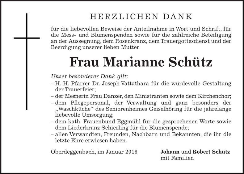 Traueranzeige Marianne Schütz