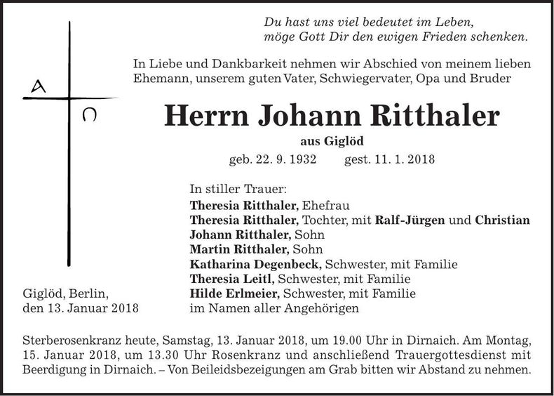 Traueranzeige Johann Ritthaler