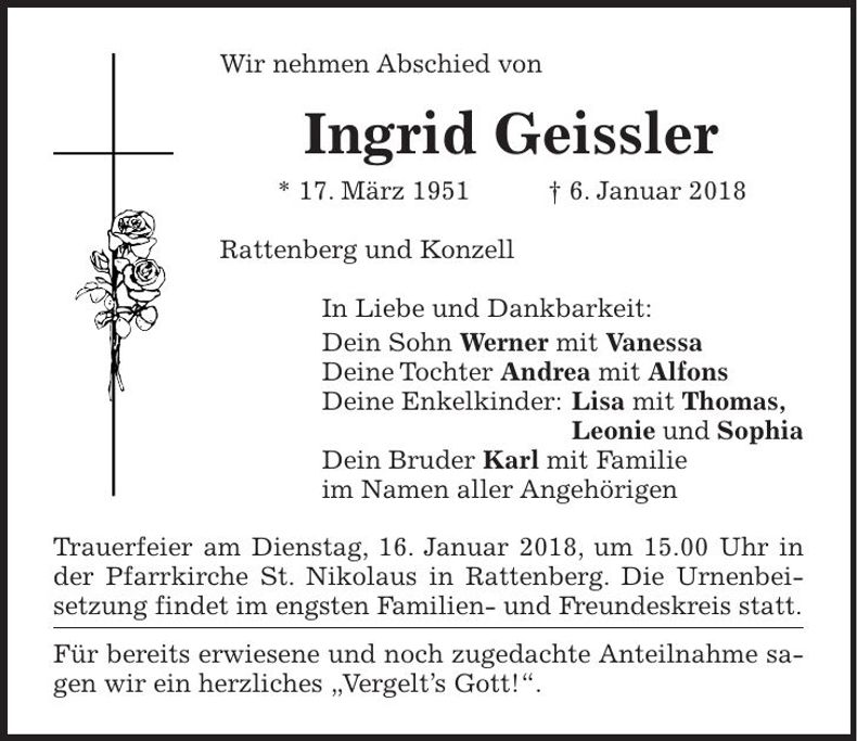 Traueranzeige Ingrid Geissler