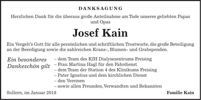 Traueranzeige Josef Kain