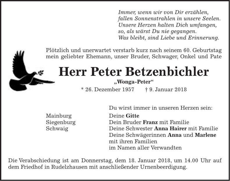 Traueranzeige Peter Betzenbichler