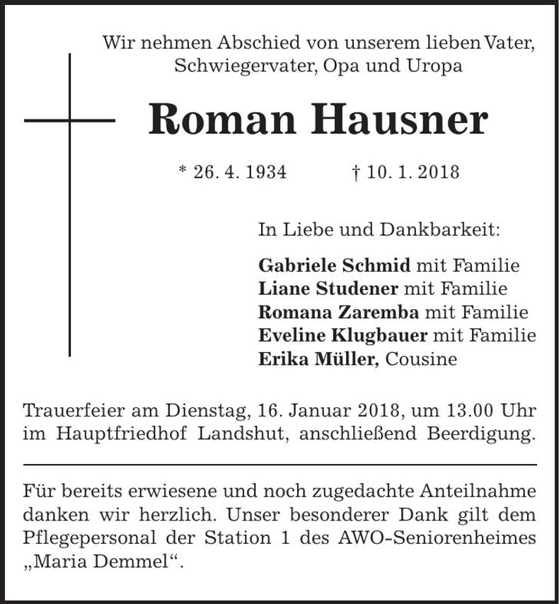 Traueranzeige Roman Hausner