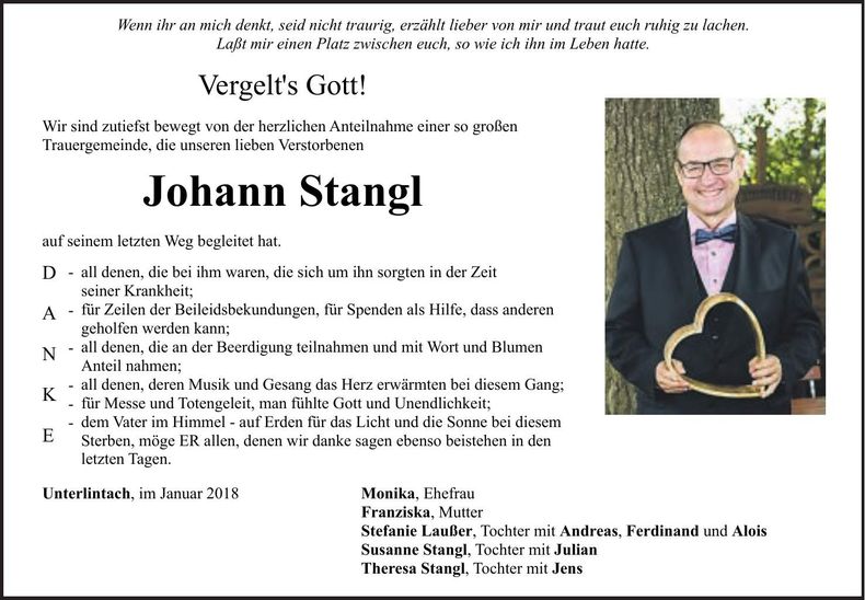 Traueranzeige Johann Stangl
