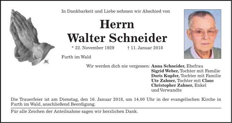 Traueranzeige Walter Schneider