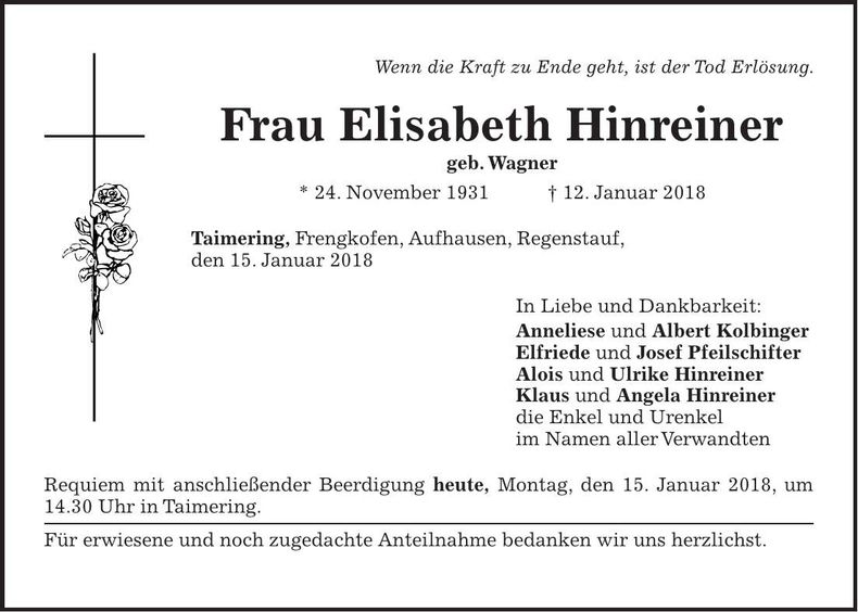 Traueranzeige Elisabeth Hinreiner