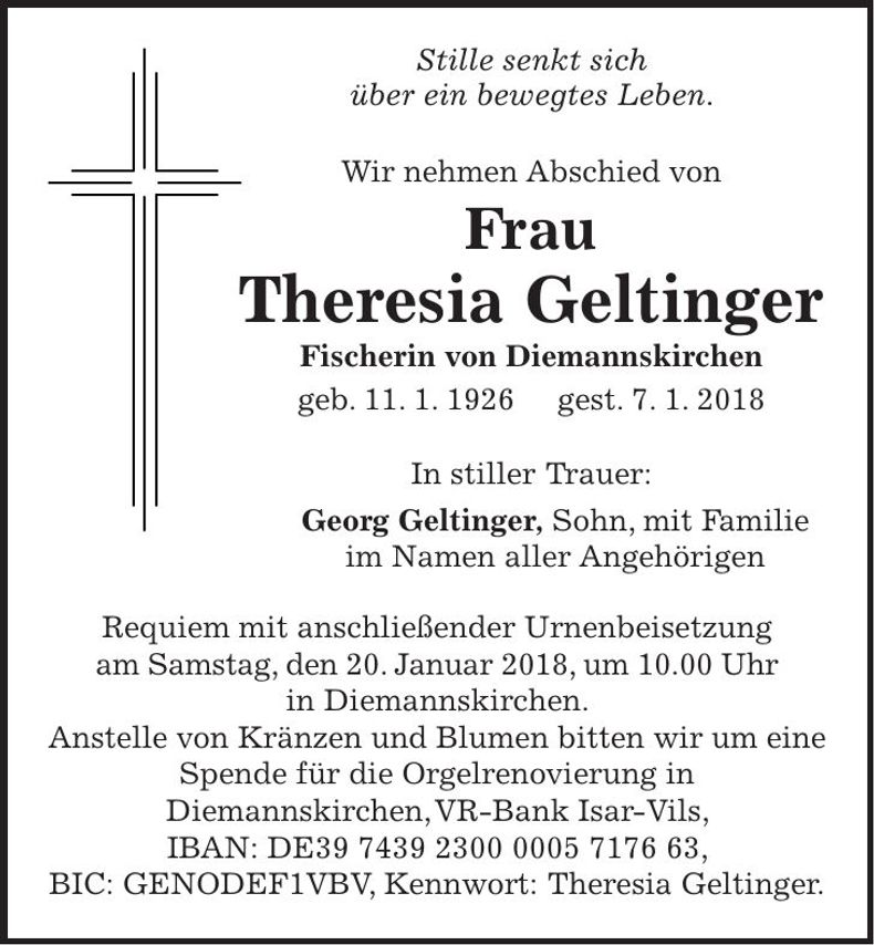 Traueranzeige Theresia Geltinger