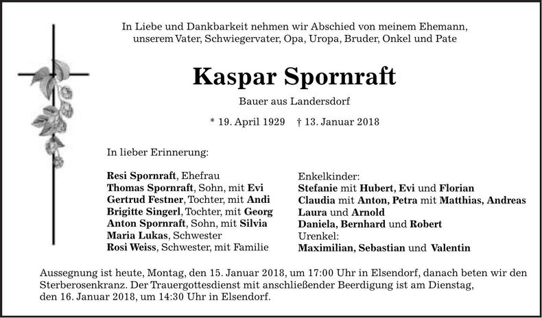 Traueranzeige Kaspar Spornraft