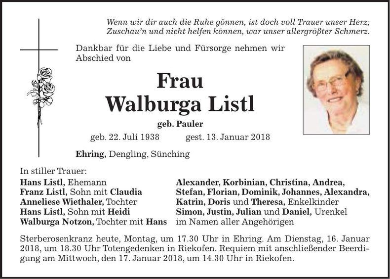 Traueranzeige Walburga Listl