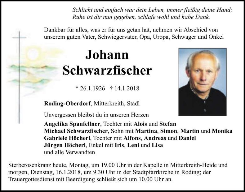 Traueranzeige Johann Schwarzfischer