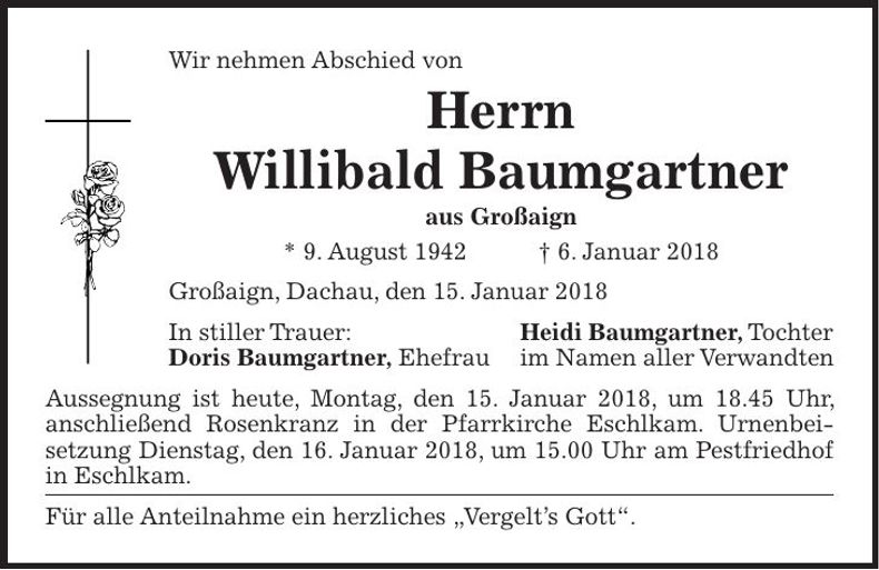 Traueranzeige Willibald Baumgartner