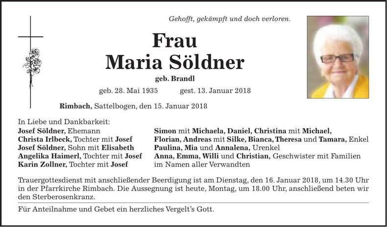 Traueranzeige Maria Söldner